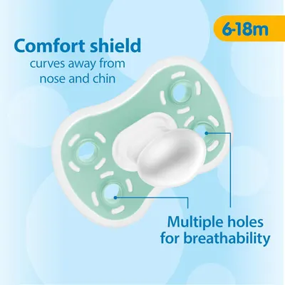Highlights the pacifier's comfort shield feature that curves away from the baby's nose and chin, providing a better fit and comfort.