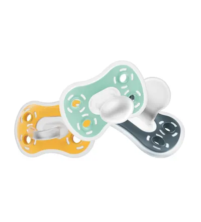 Shows the variety of pacifier colors included in the product set, allowing parents to see the different options available.
