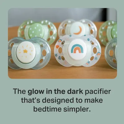 Highlights the pacifier's glow-in-the-dark feature to make bedtime easier for parents and children.