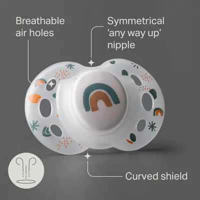 Highlights key features of the pacifier design to show its comfort and functionality for babies.