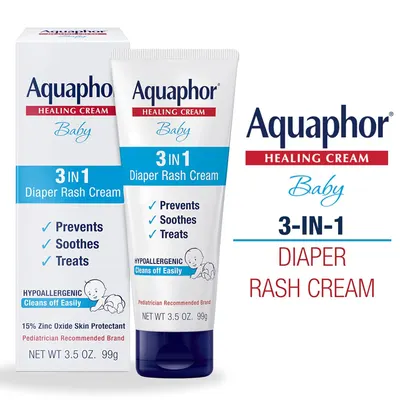 Highlights the 3-in-1 functionality of the diaper rash cream, emphasizing its ability to prevent, soothe, and treat diaper rash for babies.