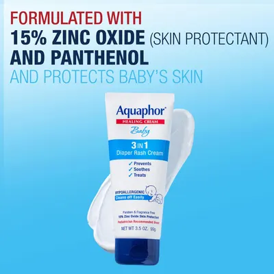 Highlights the key ingredients (zinc oxide and panthenol) that protect baby's skin, emphasizing the product's effectiveness for diaper rash prevention and treatment.