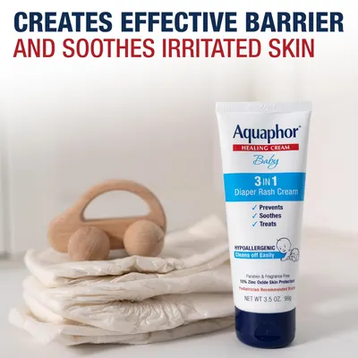 Highlights the product's ability to create an effective barrier and soothe irritated skin, emphasizing its protective and healing properties for babies.