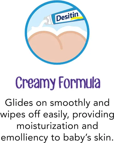 Highlights the product's creamy texture and easy application, emphasizing its moisturizing properties for baby's skin.
