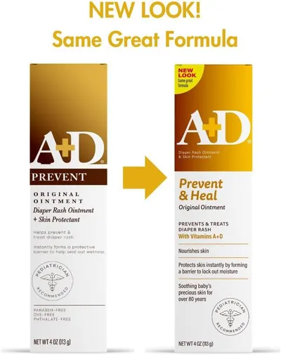 Shows the transition from old to new packaging design while emphasizing that the formula remains unchanged.