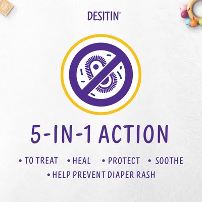 Highlights the product's multiple benefits for treating and preventing diaper rash, emphasizing its versatility and effectiveness.