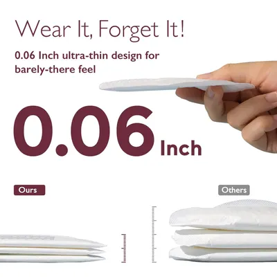 Emphasizes the product's extremely thin 0.06 inch thickness to highlight comfort and discreet wear. Visually compares the product's thinness to other brands, showcasing superiority in comfort and…