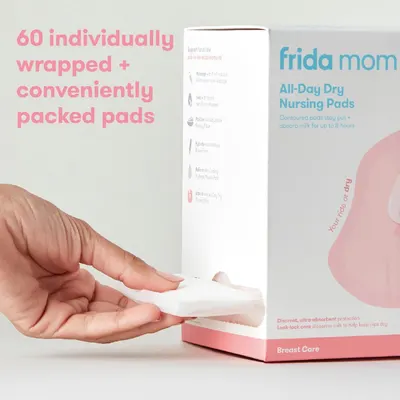 Highlights the convenient packaging of 60 individually wrapped nursing pads, emphasizing ease of use and hygiene for new mothers. Emphasizes the key benefit of all-day dryness, reassuring mothers of…