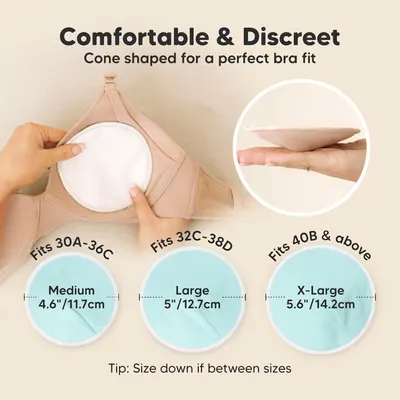 Highlights the product's comfortable and discreet cone shape, emphasizing how it provides a perfect fit for various bra sizes. Provides clear sizing information to help customers choose the right…