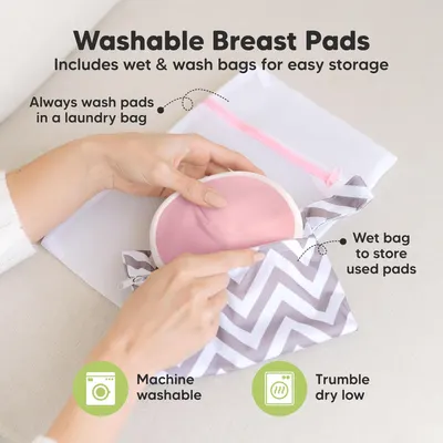 Explains how to properly wash and store the washable breast pads, providing clear instructions for care and maintenance. Highlights that the product includes additional storage bags for both wet and…