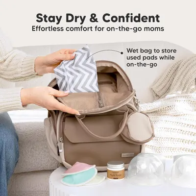 Highlights a specific feature of the diaper bag that allows moms to store used pads discreetly while on-the-go, promoting convenience and hygiene.