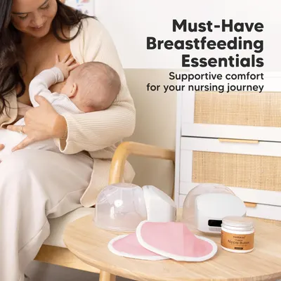 Shows the essential items included in a breastfeeding kit to help new mothers understand what they need for nursing. Depicts a real-life breastfeeding scenario to help customers envision using the…