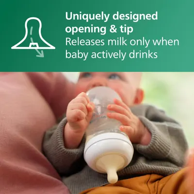 Highlights the bottle's special opening and tip that only releases milk when the baby actively drinks, preventing spills and waste.