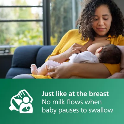 Highlights how the product mimics natural breastfeeding by stopping milk flow when the baby pauses, reassuring mothers of a more authentic feeding experience.