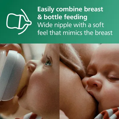 Highlights the product's ability to easily combine breast and bottle feeding with a wide, soft nipple that mimics the breast.