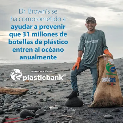 Highlights Dr. Brown's commitment to preventing plastic pollution in oceans through partnership with Plasticbank, demonstrating environmental responsibility and brand values.