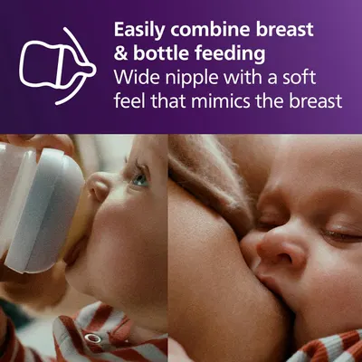 Highlights the bottle's wide nipple that mimics breastfeeding, making it easy to combine breast and bottle feeding.