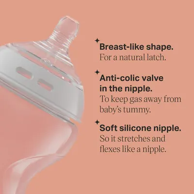 Highlights key features of the baby bottle nipple to demonstrate its natural feel and anti-colic properties.