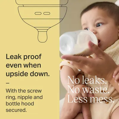 Highlights the bottle's leak-proof feature to reassure parents about mess-free feeding, even when the bottle is upside down.