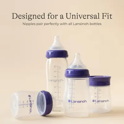Demonstrates that the nipples are compatible with all Lansinoh bottles, reassuring customers about product versatility and ease of use.