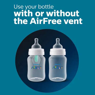 Highlights the versatility of the bottle, showing it can be used with or without the AirFree vent feature.