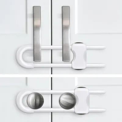 Demonstrates how the product securely locks cabinet doors to prevent children from accessing potentially dangerous items.