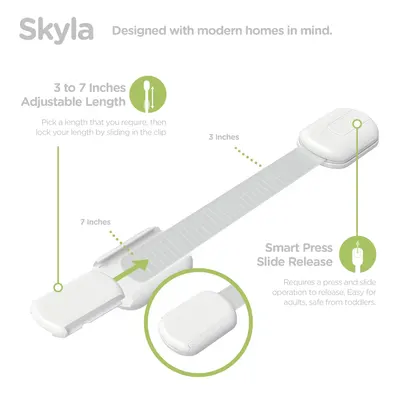 Highlights the product's adjustable length feature and smart press slide release mechanism to show its versatility and safety for modern homes.