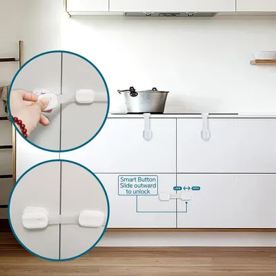 Demonstrates how the product secures cabinet doors to prevent children from accessing potentially dangerous items. Shows the simple process of attaching and using the childproof locks on cabinet…