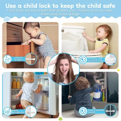 Demonstrates how child locks can prevent accidents and keep children safe from various household hazards. Shows different areas in the home where child locks can be applied to ensure child safety.