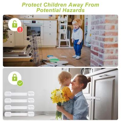 Demonstrates how the product can prevent potential hazards for children in the home by securing cabinets and appliances. Shows different areas in the kitchen where the safety locks can be applied to…