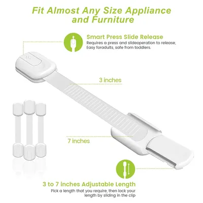 Demonstrates how to install and adjust the safety lock, highlighting its versatility for different appliances and furniture. Emphasizes the product's safety features for childproofing and its…