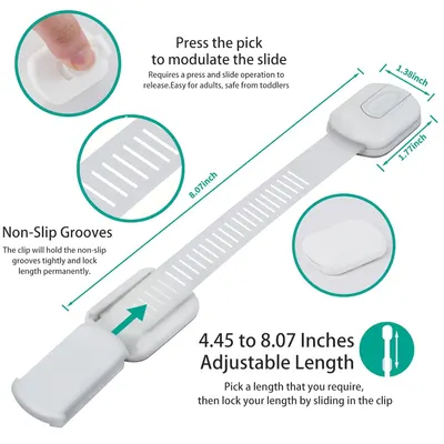Explains how to use the adjustable child safety lock, highlighting its ease of use for adults and safety features for toddlers. Shows the product's adjustable length range and exact dimensions to…