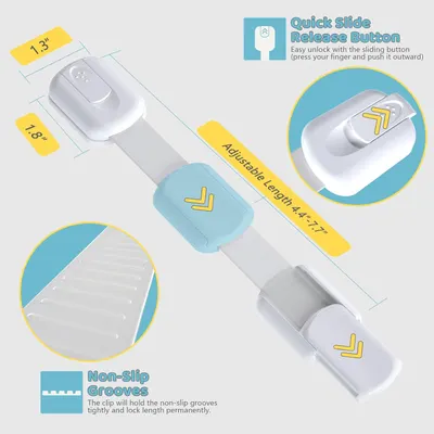 Highlights key features of the product design to show ease of use and versatility. Provides exact measurements to inform customers about the product's size and adjustability range.