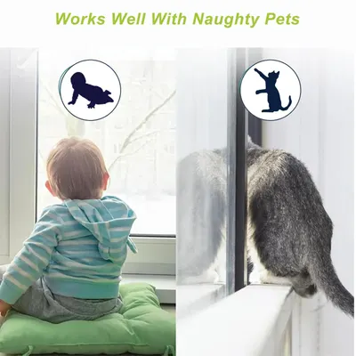 Demonstrates how the product (likely a window safety device) works well for both pets and children, protecting them from potential window-related accidents.