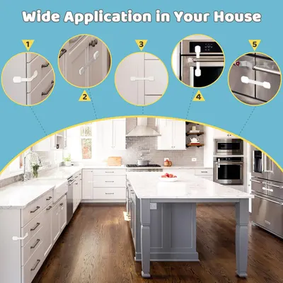 Demonstrates various uses of the product throughout a kitchen to childproof different cabinets and appliances, showing its versatility in home safety applications.