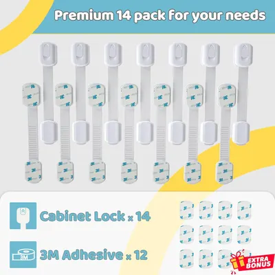 Shows the complete set of 14 cabinet locks and 12 3M adhesive pads included in the package, highlighting the quantity and components for child safety.