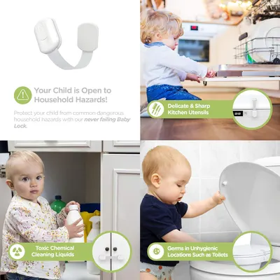Highlights how the product protects children from common household hazards, reassuring parents about their child's safety. Demonstrates various scenarios where the safety lock can be applied to…