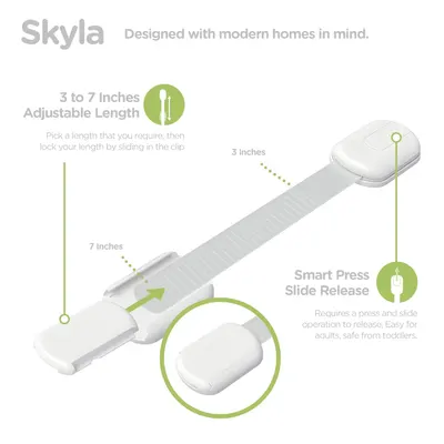 Highlights the product's adjustable length feature and smart press slide release mechanism to demonstrate its versatility and safety for modern homes.