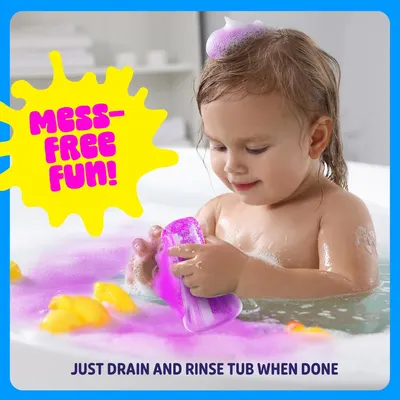 Highlights the product's ability to provide fun bath time for children without creating a mess, reassuring parents of easy cleanup.