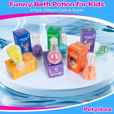 Shows the complete set of bath potions included in the package, highlighting the variety of colors and scents available. Demonstrates how the product can be used to make bath time more enjoyable and…