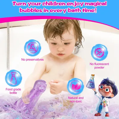 Highlights multiple safety features of the bubble bath product to reassure parents about its suitability for children. Emphasizes the product's safety for children by showcasing its natural,…