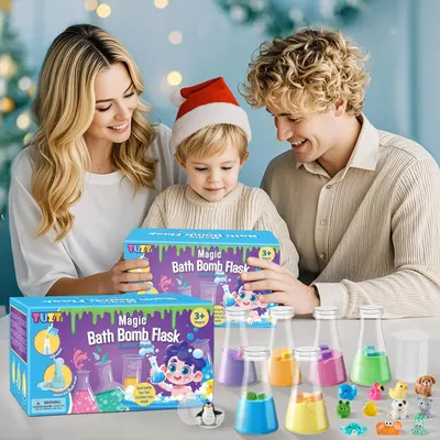 Shows the product as an ideal Christmas gift for children, emphasizing family togetherness and holiday joy. Displays all the components included in the Magic Bath Bomb Flask set, showcasing the…