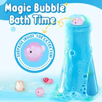 Highlights the product's unique feature of having a surprise toy inside, making bath time more fun and exciting for children.