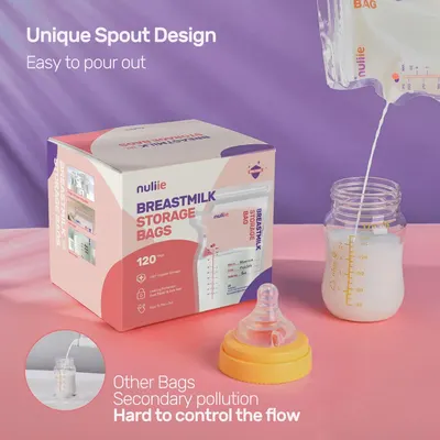Highlights the easy-pour spout design of the breastmilk storage bags, demonstrating improved functionality over competitors.