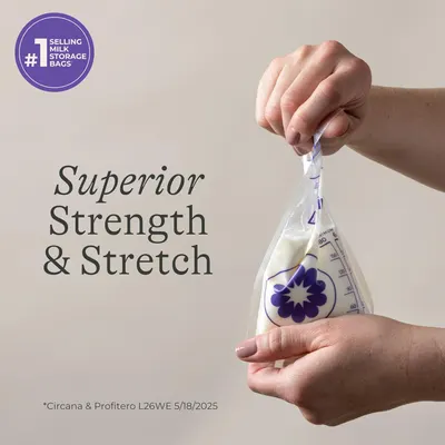 Highlights the durability and flexibility of the milk storage bags, emphasizing their ability to withstand handling without leaking.