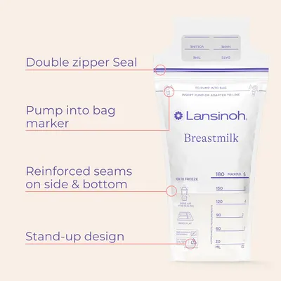 Highlights key design features of the Lansinoh breastmilk storage bag to show its functionality and ease of use.
