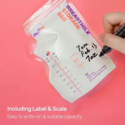 Highlights the product's easy-to-label design, allowing users to clearly mark and organize breast milk storage.