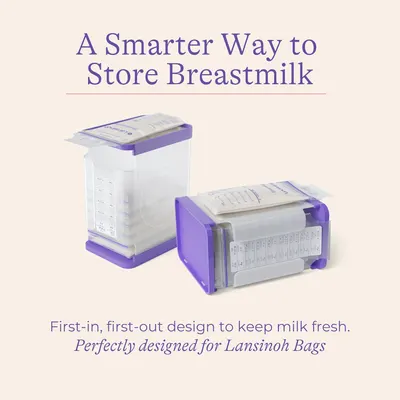 Highlights the product's innovative design for storing breastmilk, emphasizing its ability to keep milk fresh with a first-in, first-out system.