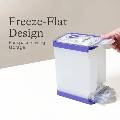 Highlights the space-saving storage feature of the product, emphasizing its flat design for efficient freezer organization.
