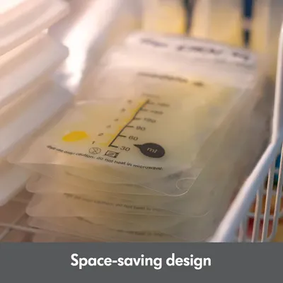 Highlights the product's compact and stackable nature, showing how it saves space in the refrigerator.